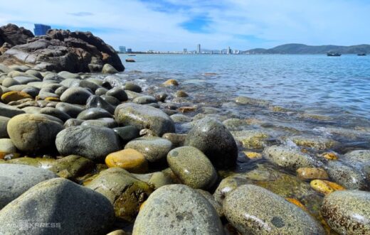 The beach has round stones like giant bird eggs